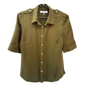 FRAME 100% Silk Short Sleeve Button Up‎ Blouse • XS • olive green